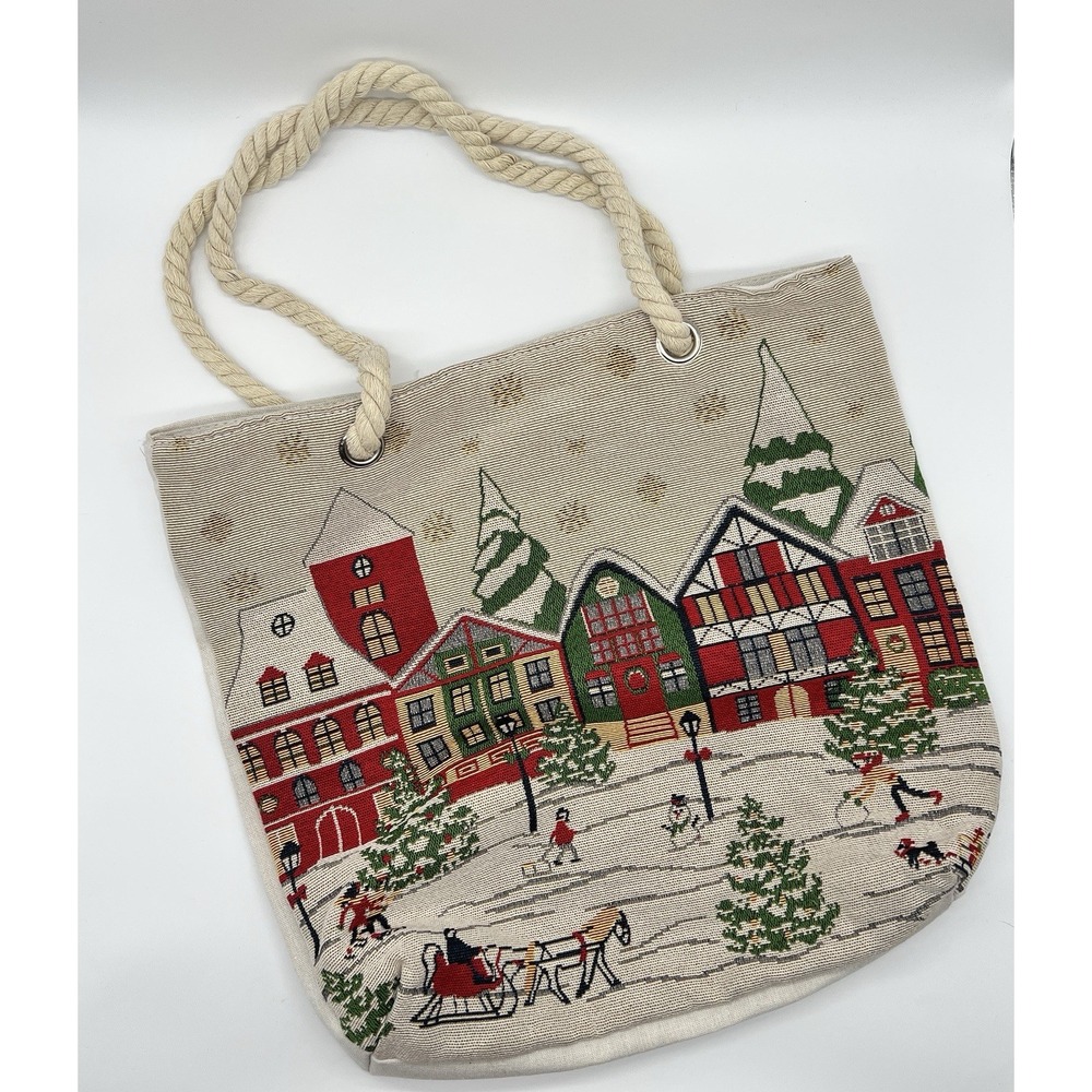 Christmas Holiday Tote Canvas‎ Bag Rope Straps Snowy Buildings Fabric New